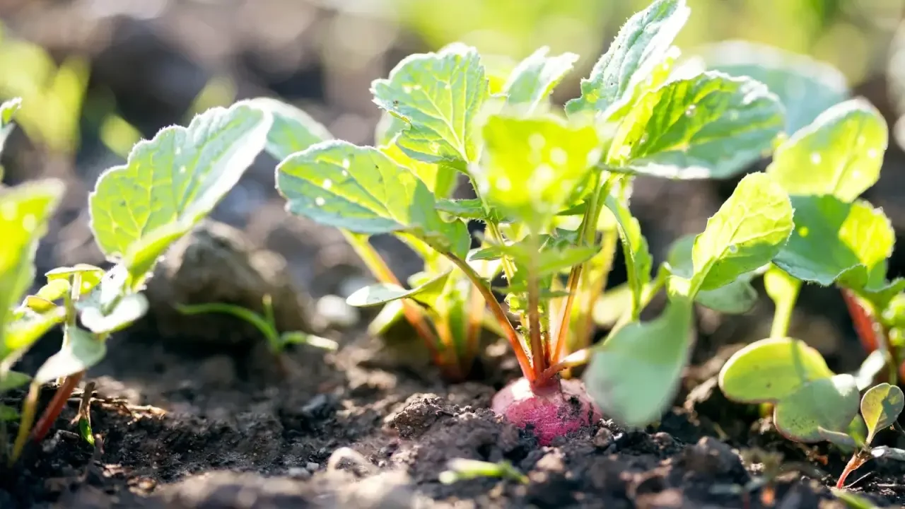 Radish growing in soil