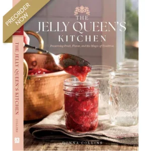 Jelly Queen- Preorder Banner Graphic Book cover for The Jelly Queen's Kitchen by Donna Collins; a jar of red jam is being spooned with glass jars in the background and a preorder banner present.